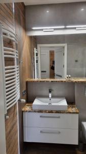 a bathroom with a white sink and a mirror at Apartament BRYZA in Pobierowo