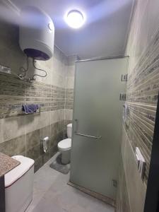 a bathroom with a shower and a toilet and a light at Fantasy in Port Ghalib