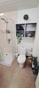 a bathroom with a toilet and a shower with plants at Petit cocon nature centre-ville in Colmar +7 photos