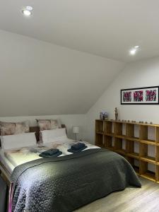 um quarto com uma cama grande e prateleiras de madeira em Wolfenbüttler Apartment em Volfembutel