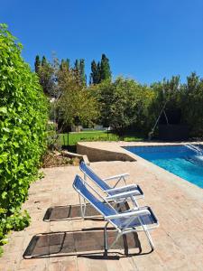Ein blauer Stuhl steht neben einem Schwimmbecken in der Unterkunft Casona de coria in Ciudad Lujan de Cuyo