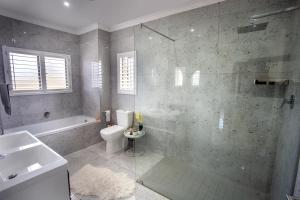 a bathroom with a shower and a toilet and a sink at Luxury Countryside Gataway Hillcrest in Hillcrest