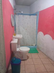 a bathroom with a toilet and a shower at Casa Zope in Panajachel