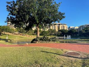 a park with a tree and a pond and buildings at Luxurious Millennium, uMhlanga Durban in Durban