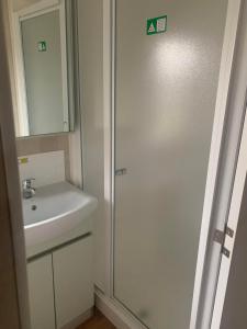 a bathroom with a shower and a sink at Spruce Ridge 86, Blue Dolphin in Gristhorpe