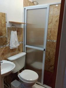 a bathroom with a shower and a toilet and a sink at Hostería Montes in San Ignacio