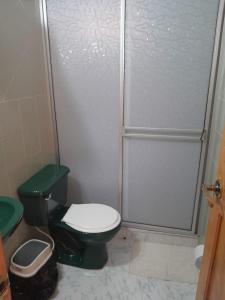 y baño con aseo verde y ducha. en Villa pinzon, en Paipa