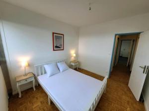 a bedroom with a large white bed with two lamps at La Case à Jeannette in Châteauroux