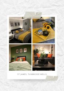 eine Collage mit vier Bildern eines Schlafzimmers in der Unterkunft St James 3 bedroom House in Tunbridge Wells in Royal Tunbridge Wells