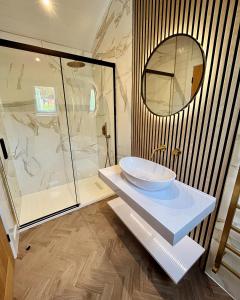 Acharacleにあるミンガリー パークのバスルーム(洗面台、ガラス張りのシャワー付)
