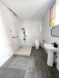 a white bathroom with a sink and a toilet at White Palm Residence in Yaoundé