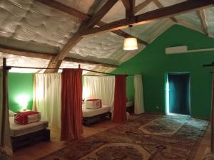 a room with two beds and a green wall at Chambres d'hôtes Les cabris in Verneix