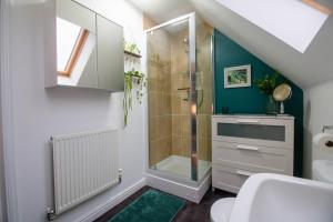 a bathroom with a shower and a toilet at Entire home in Llanfoist in Abergavenny