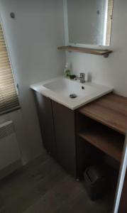 a bathroom with a white sink and a mirror at Camping des Dunes de Contis mobilhome 3ch, in Saint-Julien-en-Born