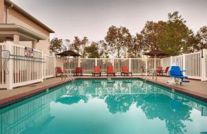 a swimming pool with chairs and umbrellas at Best Western Zachary Inn in Zachary