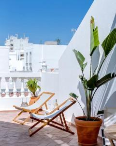 a couple of chairs and a potted plant on a balcony at Casa da Trindade Olhão - Boutique Collection in Olhão
