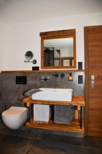 ein Badezimmer mit einem Waschbecken, einem WC und einem Spiegel in der Unterkunft Ferienhof Dirnberg in Amerang