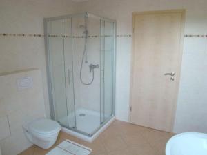 een badkamer met een douche en een toilet bij Holiday flat in Nesso 