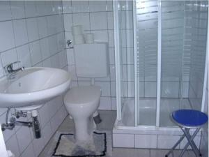 TrattenにあるBungalow in Bodensdorf near Gerlitzen Ski Areaのトイレ、洗面台、シャワー付きのバスルーム