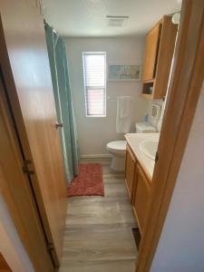 a bathroom with a toilet and a sink at Oceanview Cabin 19,jacuzzi, Large Deck W Seating in Smith River