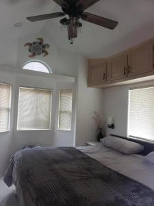 1 dormitorio con 1 cama y ventilador de techo en Oceanview Cabin 26 W Jacuzzi & Striking Views, en Smith River