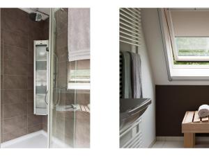 two pictures of a bathroom with a shower at Family-Friendly Nature Stay in Earnewâld