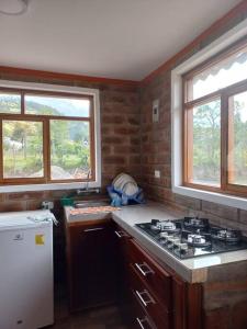 a kitchen with a stove and two windows at Cozy cabin in the countryside Otavalo Learning in Otavalo
