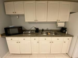 密西沙加的住宿－Fully furnished basement studio apartment，厨房配有白色橱柜、水槽和微波炉