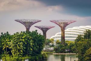 Conrad Centennial Singapore في سنغافورة: مجموعة من الأشجار والمباني في الحديقة