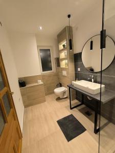 uma casa de banho com um lavatório, um WC e um espelho. em Smestaj Dzentlmen em Sokobanja