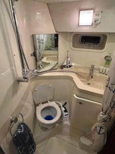 a small bathroom with a toilet in an airplane at LUXURY 40 FOOT YACHT ON 5 STAR OCEAN VILLAGE MARINA SOUTHAMPTON - minutes away from city centre and cruise terminals - Free parking included in Southampton