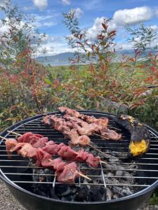 a bunch of meat cooking on a grill at Juncos Glamping in Fúquene