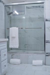 W łazience znajduje się prysznic ze szklanymi drzwiami. w obiekcie Beautiful Irving two bedroom apartment w Filadelfii