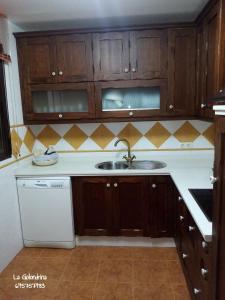 una cocina con fregadero y armarios de madera en La Golondrina, en Cáñar