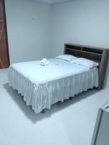 a bedroom with a bed with a wooden headboard at HOTEL NOVAES in Castanhal