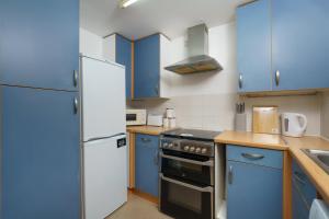 ロンドンにあるBeautiful 1 Bed Apartment with Living Roomのキッチン(青いキャビネット、白い冷蔵庫付)