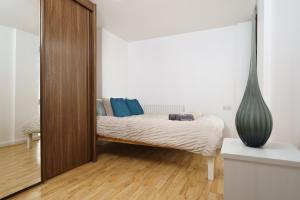 ロンドンにあるBeautiful 1 Bed Apartment with Living Roomのベッドルーム(ベッド1台、大きな鏡付)