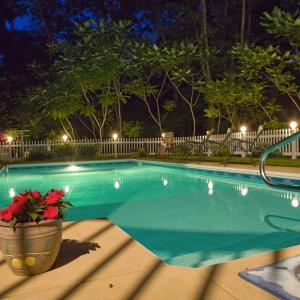 a swimming pool at night with a vase of flowers at Cherry Valley Manor in Stroudsburg