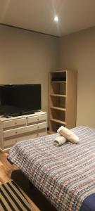 sypialnia z telewizorem i łóżkiem z kocem w obiekcie Apartaestudio independiente y amplia Chía w mieście Chía