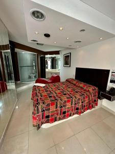 sypialnia z łóżkiem z kolorowym kocem w obiekcie Hotel venus w mieście Villa Mercedes