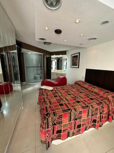 1 dormitorio con 1 cama grande y edredón rojo en Hotel venus en Villa Mercedes