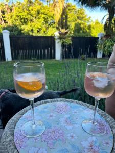 two wine glasses sitting on top of a table at Tree Aloe Guest house in St Francis Bay