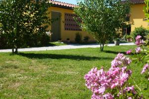 a garden with pink flowers in front of a building at Il Nido in Lucca