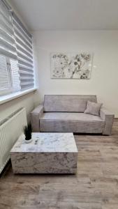 a living room with two couches and a coffee table at Central Cute City Apartment w Free Parking in Ljubljana