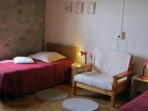 a bedroom with a bed and a chair and a lamp at Charmante fermette au vert près de la forêt de Tronçais, 2 chambres, animaux acceptés, linge inclus - FR-1-489-311 in Vieure