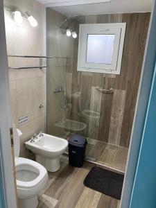 a bathroom with a shower and a toilet and a sink at Alfa & Omega in Dina Huapi