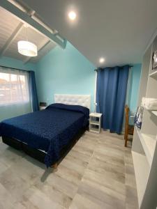 a blue bedroom with a bed and blue walls at Alfa & Omega in Dina Huapi