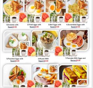a collage of different pictures of breakfast foods at Lotus Blanc Homestay in Battambang