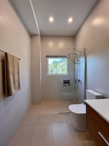 a bathroom with a toilet and a window at Haroupia Hillside Villa in Kalymnos
