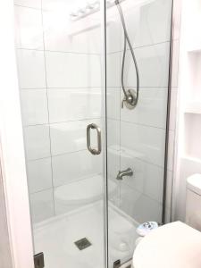 a shower stall in a bathroom with a toilet at Lovely walkout basement in Mississauga